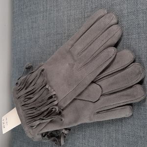 Gray Soft Suede Feel Driving Gloves Fringe Fleece Lined Warm Outerwear